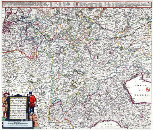 Historic Map : Central Europe 1682 Carta Noua accurata del Passagio et strata dalli Paesi Bassi per via de Allemagna per Italia , Vintage Wall Art