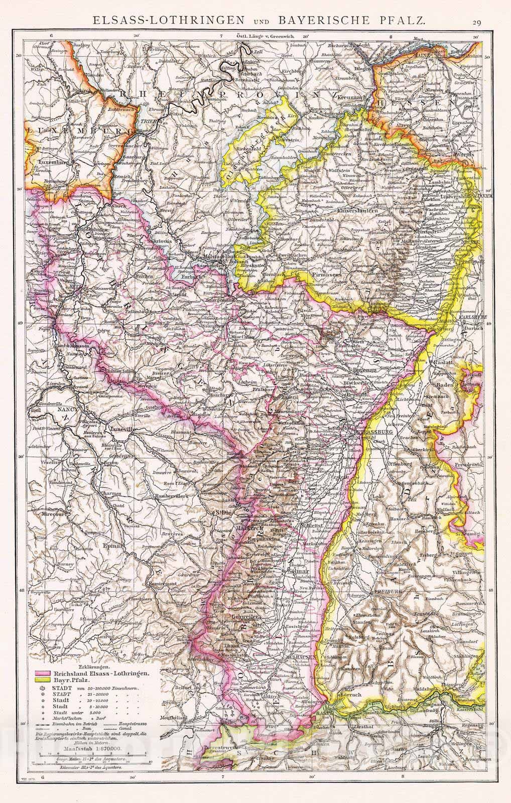 Historic Map : France; Germany, 1881 Elsass-Lothringen, Bayerische Pfalz. , Vintage Wall Art