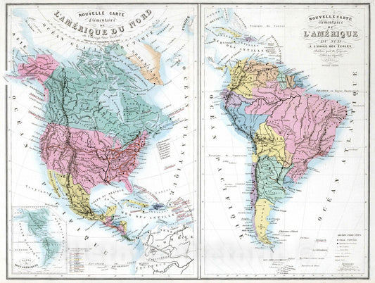 Historic Map : 1876 Nouvelle Carte Elementaire de L'Amerique du Nord et L'Amerique du Sud. - Vintage Wall Art
