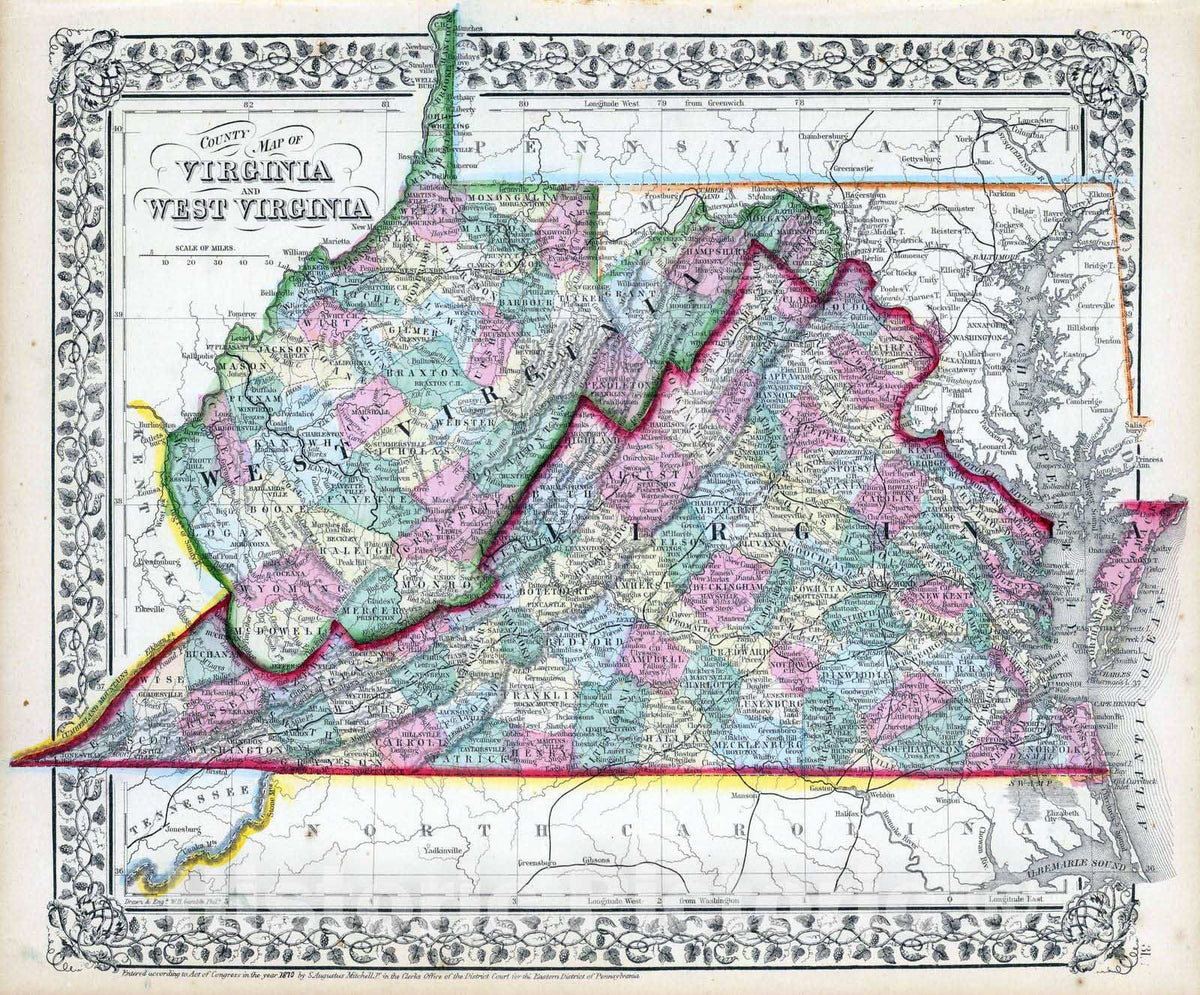 Historic Map : 1870 Virginia, W. Virginia. - Vintage Wall Art