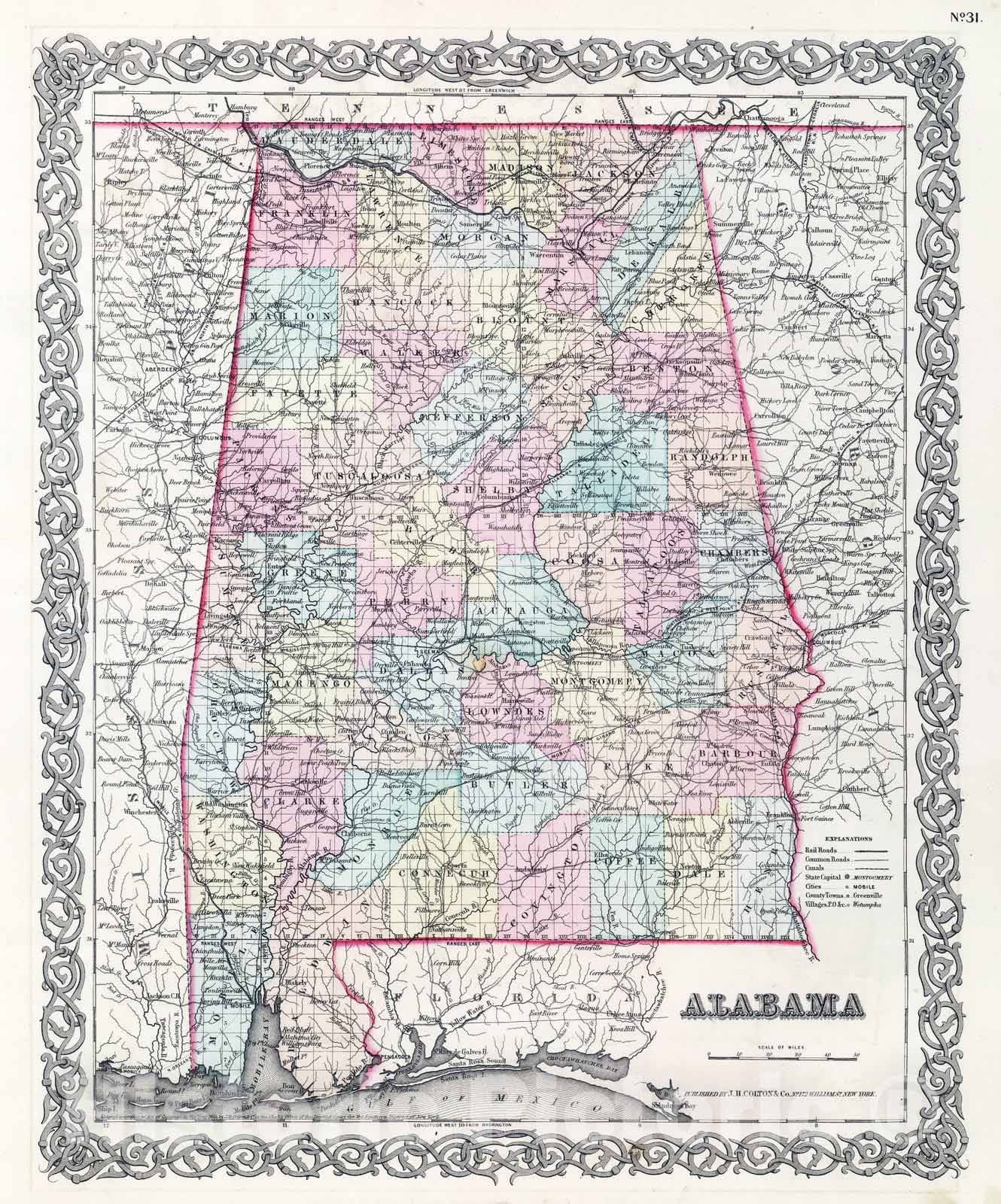 Historic Map : National Atlas - 1857 Alabama. - Vintage Wall Art