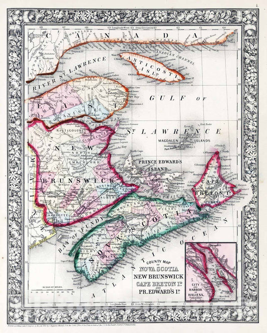 Historic Map : 1865 County map of Nova Scotia, New Brounswick, Cape Breton Id. and Pr. Edward's Id. - Vintage Wall Art