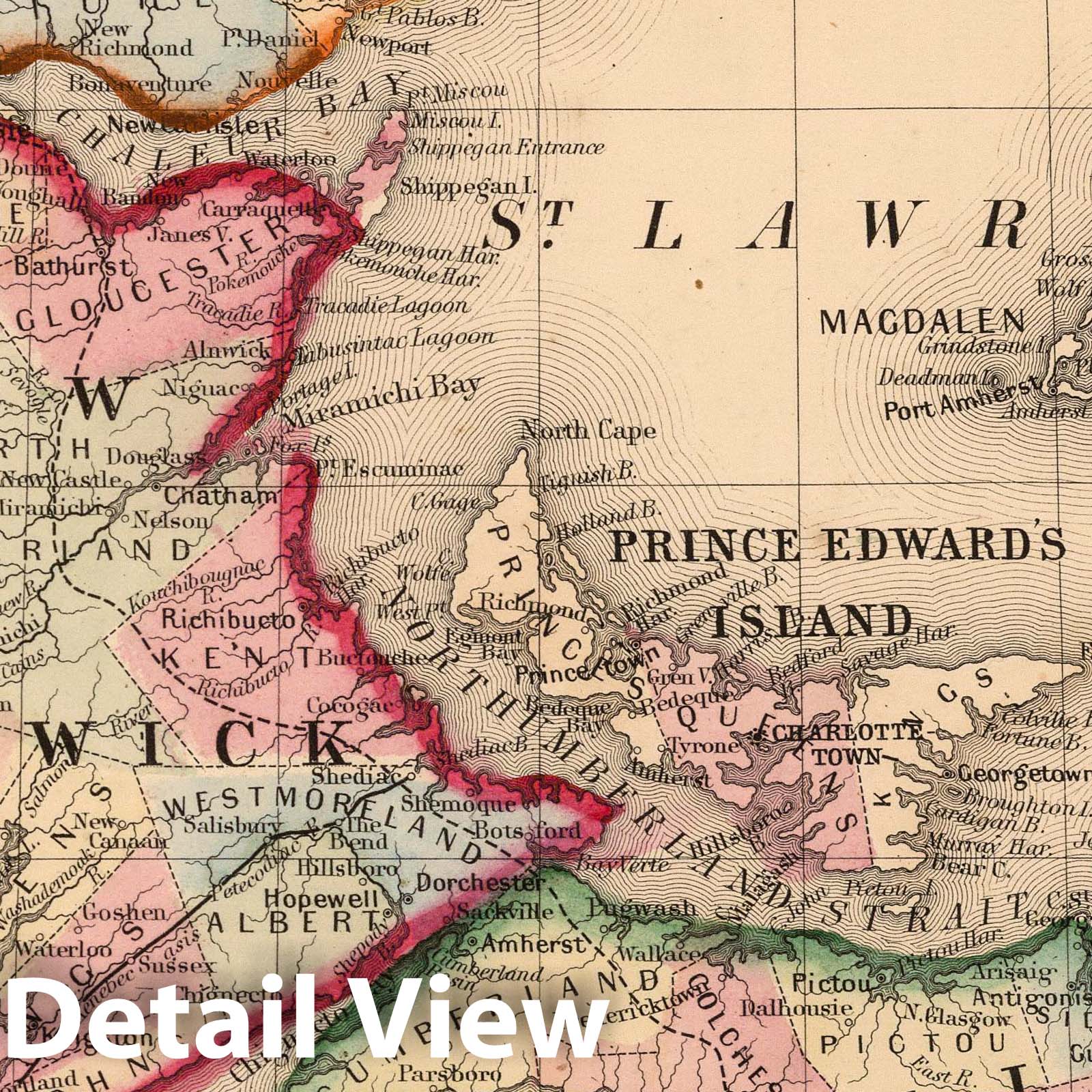 Nova Scotia, New Brunswick, Cape Breton Island, and Prince Edward Island 1865 Historical Map Print