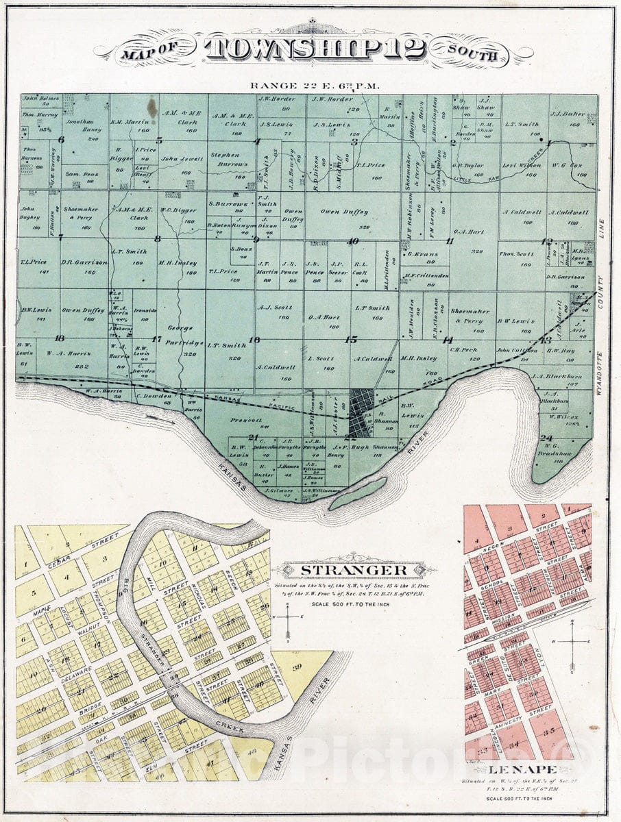 Historic Map : 1878 Township 12 South, Range 22 E, Leavenworth County, Kansas. Stranger. Lenape. - Vintage Wall Art