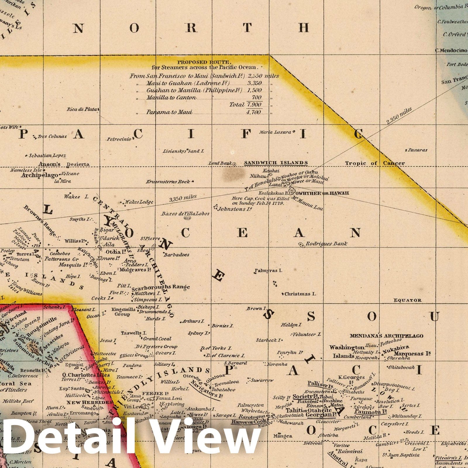 Pacific Ocean and Oceania with Hawaiian Islands and Antarctic Continent, 1853 - Historical Map Print