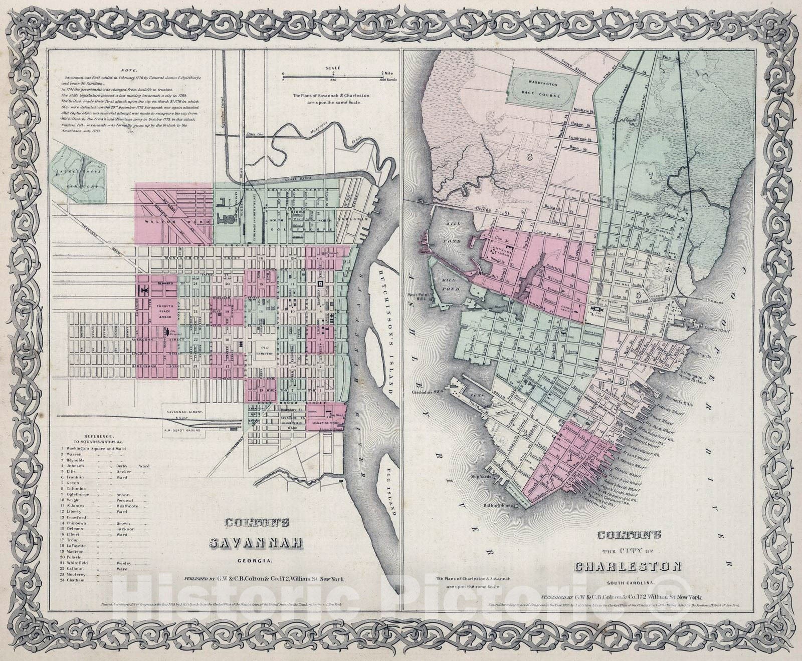Historic Wall Map : 1866 Savannah, Georgia. Charleston, South Carolina. - Vintage Wall Art