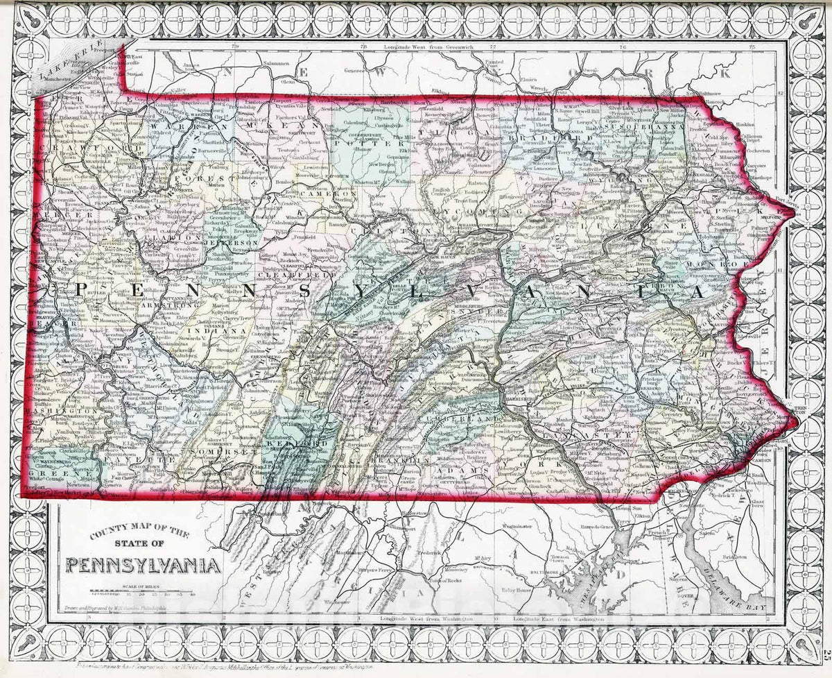 Pennsylvania County Map 1874 - Mitchell's New Atlas Historical Map Print