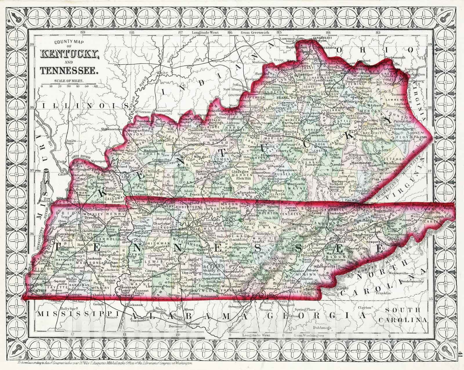 Kentucky and Tennessee County Map, 1874 - Mitchell's Atlas Historical Print