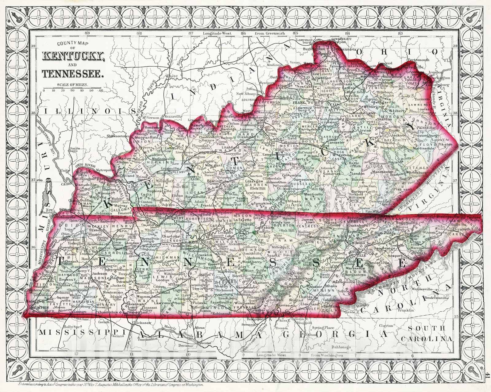 Historic Map - National Atlas - 1874 County Map of Kentucky and Tennessee. - Vintage Wall Art