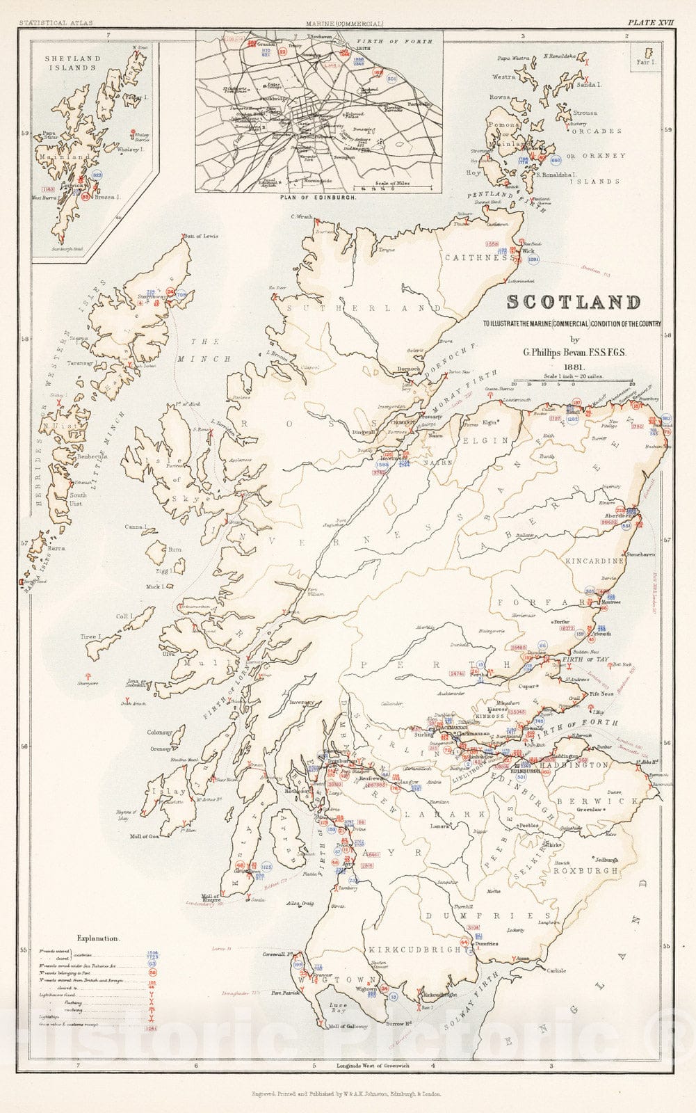 Historic Map : Statistical Atlas - 1881 Scotland to Illustrate the Marine Commercial Position of the Country. - Vintage Wall Art