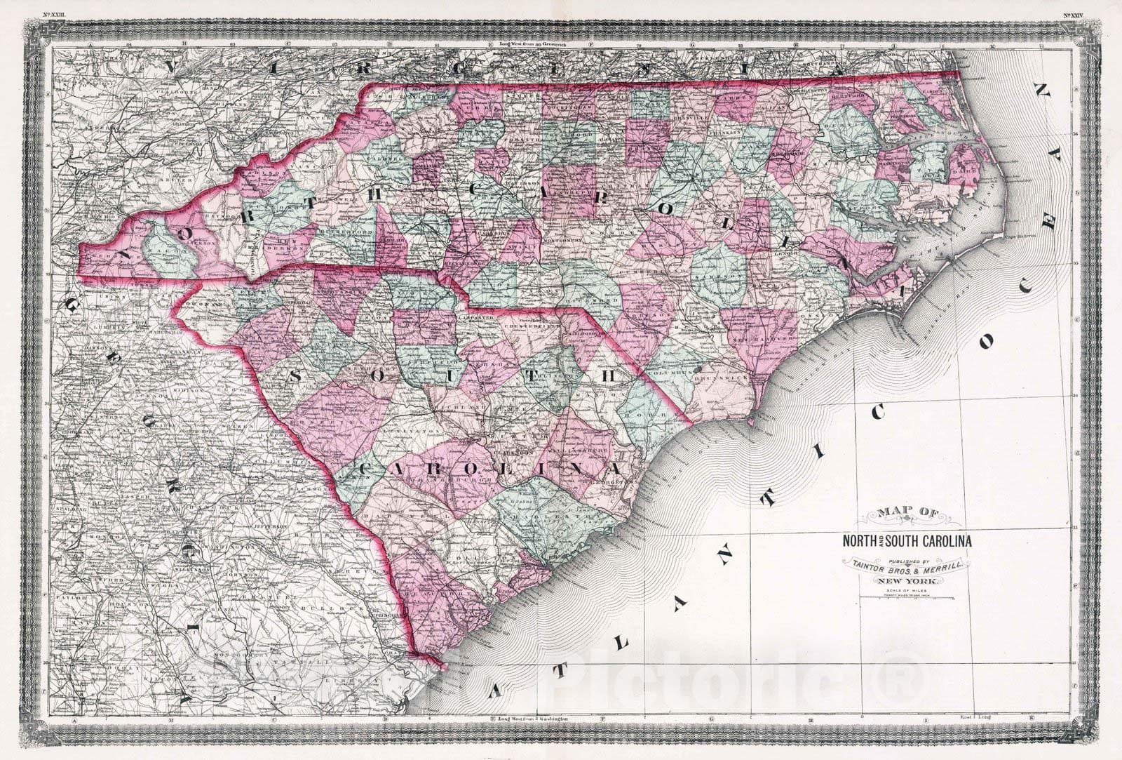 Historic Map : 1874 North Carolina and South Carolina. - Vintage Wall Art