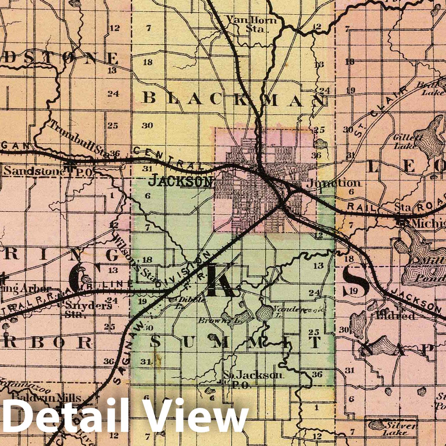 Jackson County, Michigan - Railroad Map, 1873 - Historical Map Print