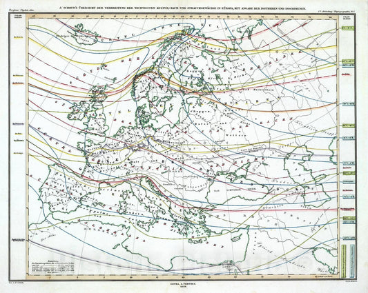 Historic Map : 1839 Verbreitung Der Wichtigsten Kultur, Baum - Und Strauchgewachse In Europa. - Vintage Wall Art