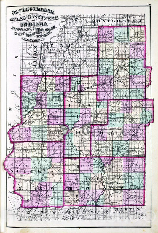 Historic Map : 1870 Putnam, Vigo, Clay, Owen, Sulivan, Greene counties. - Vintage Wall Art