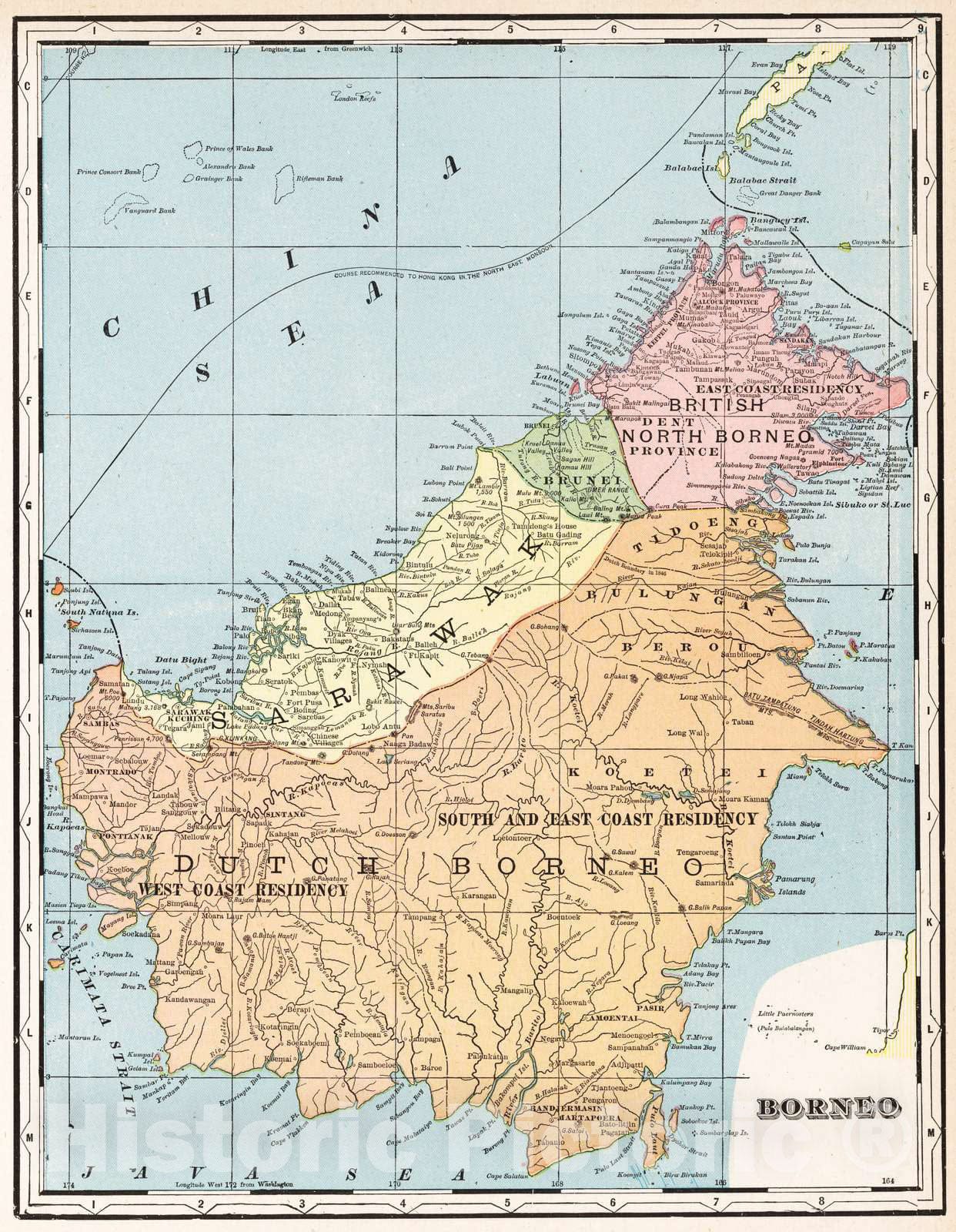 Borneo - Road Map, 1901 - Historical Map Print from Cram's Atlas