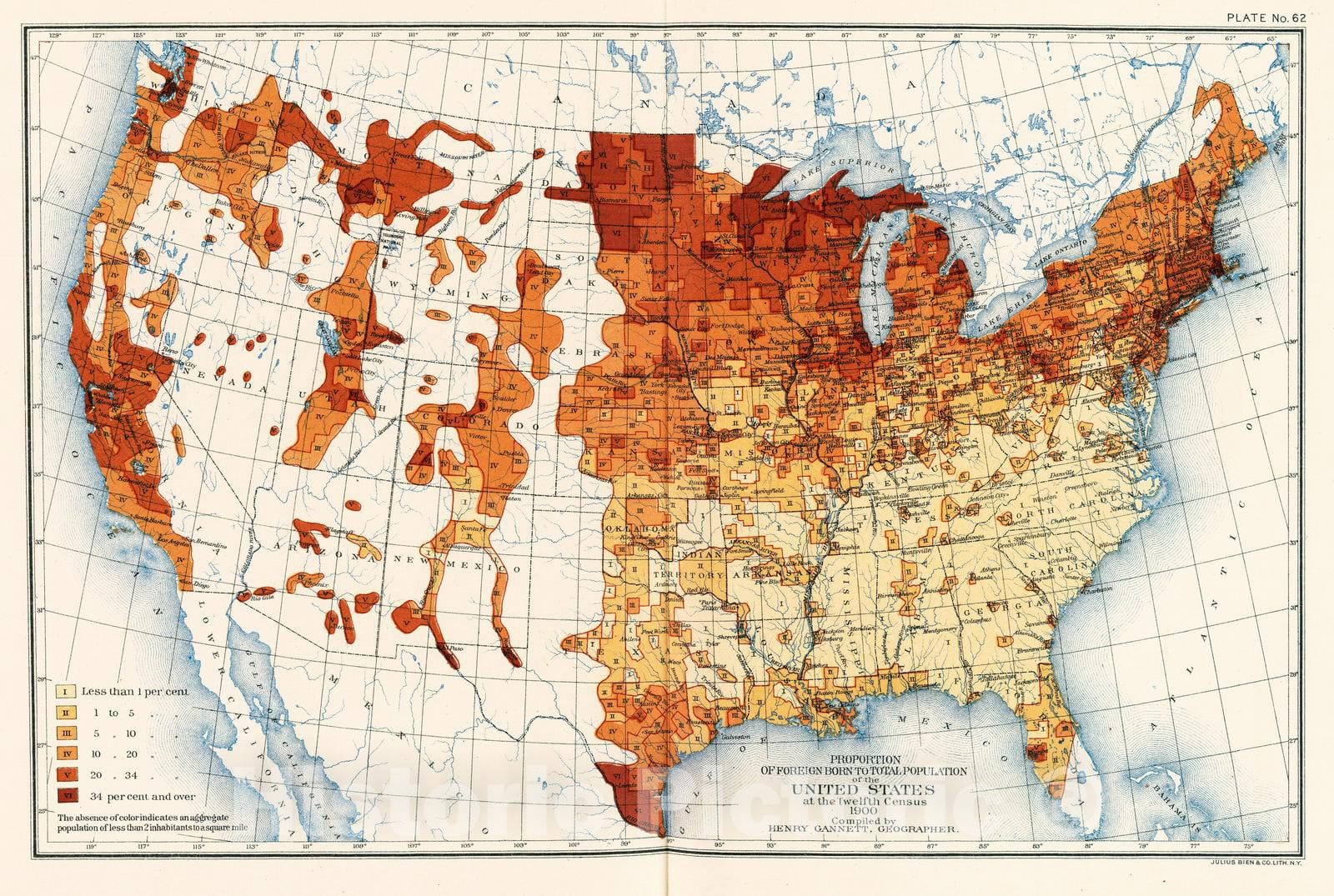 Historic Map : Statistical Atlas - 1903 62. Proportion foreign born. - Vintage Wall Art