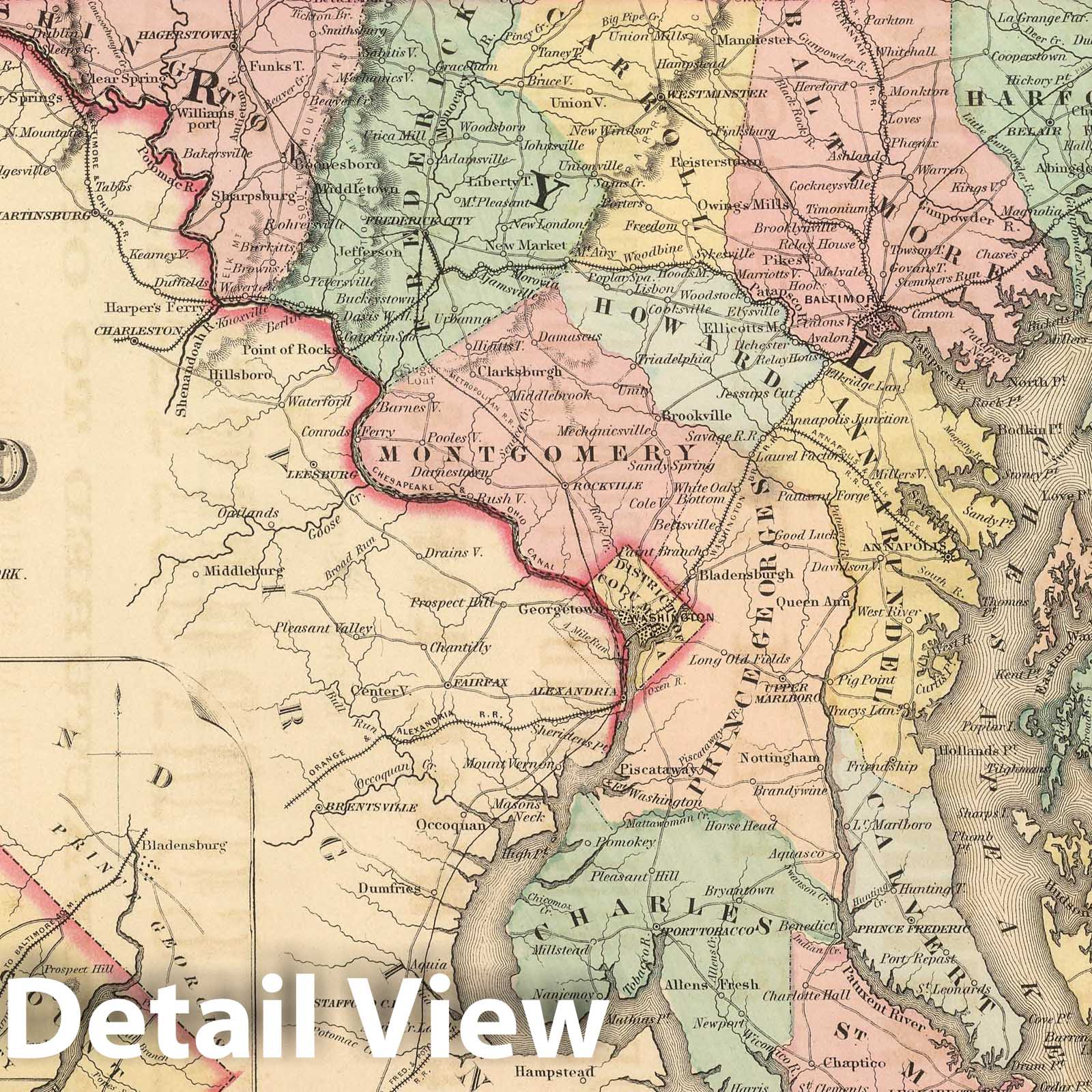 Delaware and Maryland with Washington D.C. Inset - Physical Map, 1857