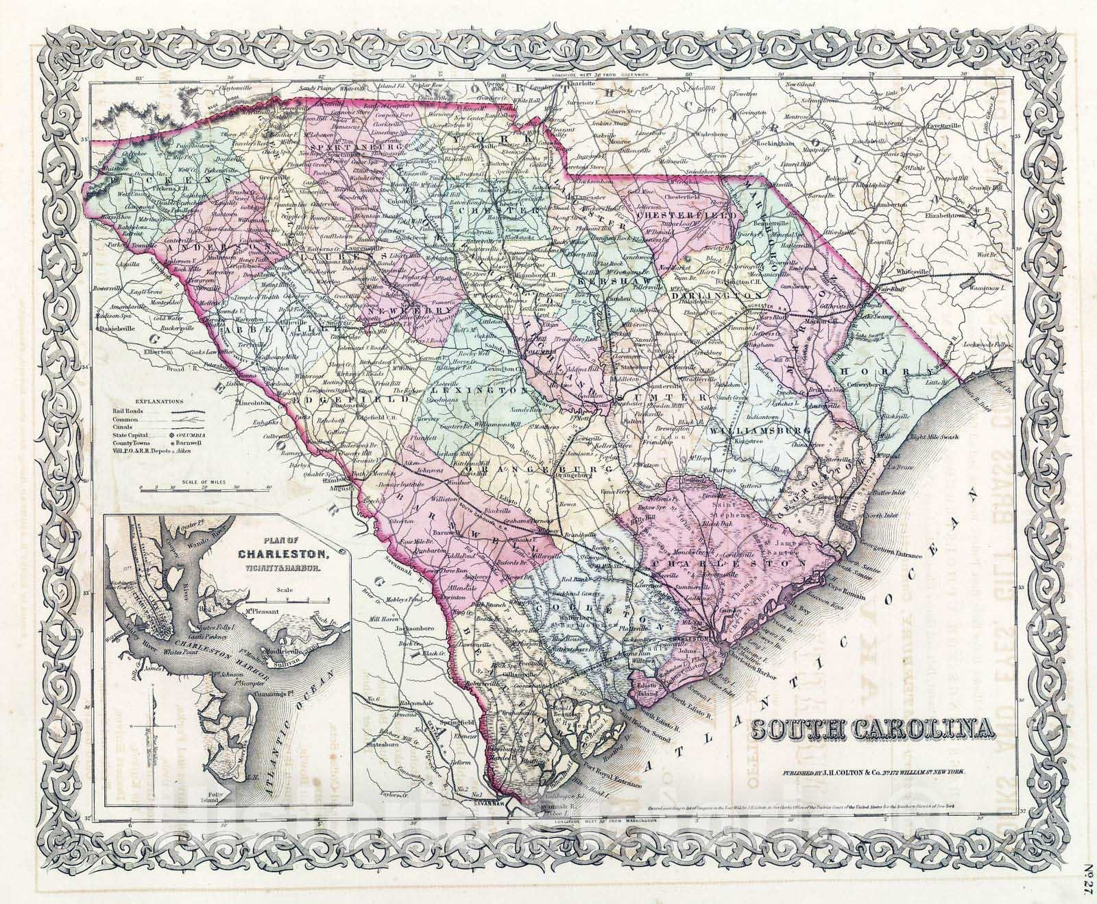 Historic Map : National Atlas - 1857 South Carolina. - Vintage Wall Art