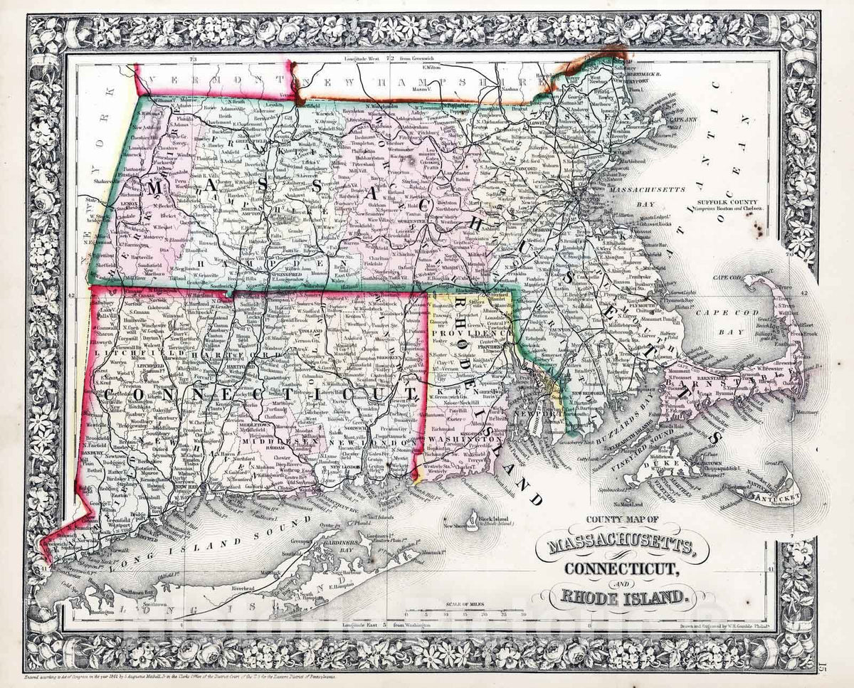 Historic Map : 1865 County map of Massachusetts, Connecticut, and Rhode Island - Vintage Wall Art