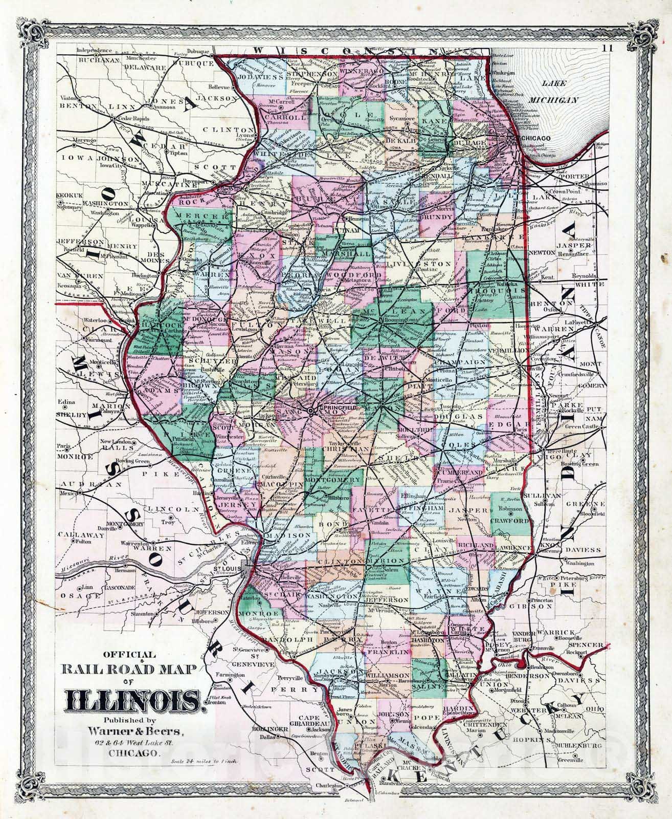 Illinois Railroad Map 1872 - Historical Map Print