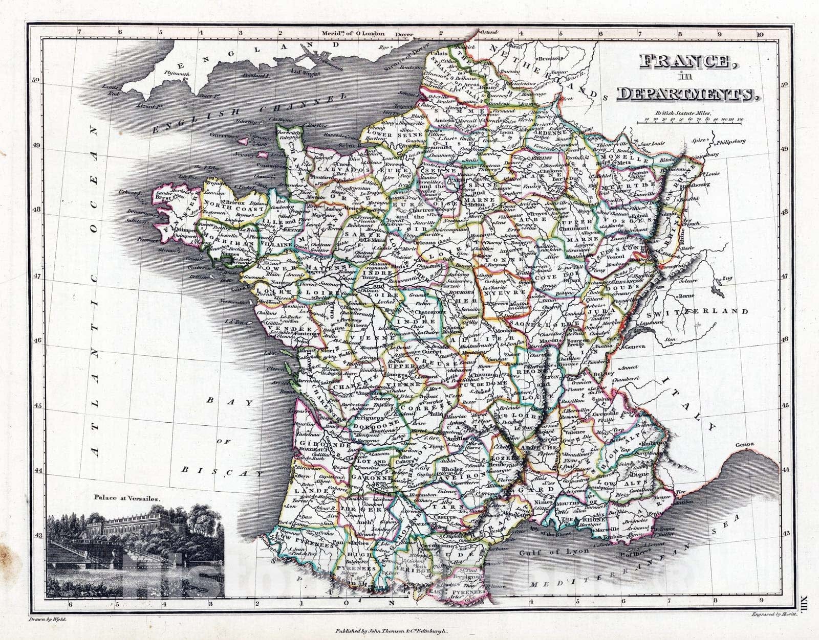 Historic Map : 1824 France in Departments - Vintage Wall Art