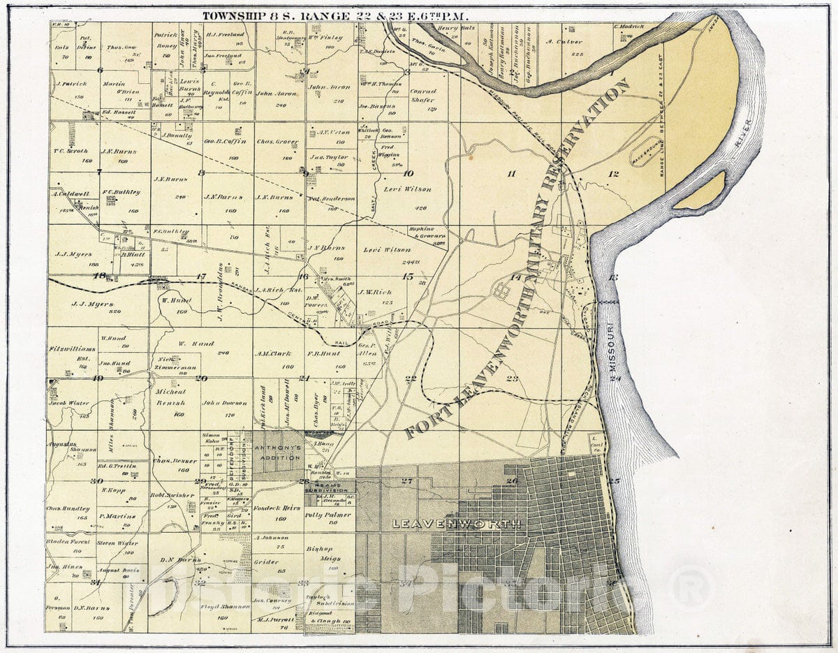 Historic Map : 1878 Township 8 S, Range 22 & 23 E, Leavenworth County, Kansas - Vintage Wall Art