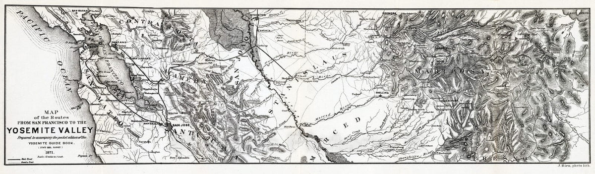 Historic Map : Guide Book - 1871 Routes from San Francisco to the Yosemite Valley. - Vintage Wall Art