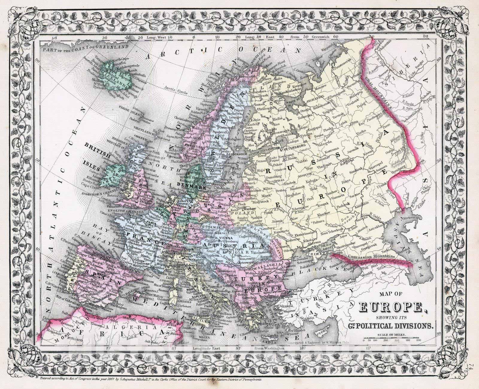 Historic Map : 1870 Europe : Vintage Wall Art
