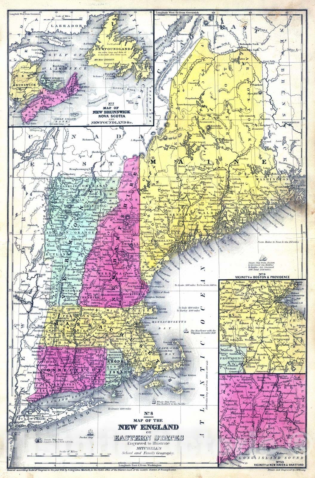 New England, New Brunswick, Nova Scotia, Newfoundland - Railroad Map, 1847
