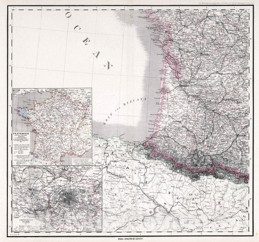 Historic Map : France, 1875 Southwest France. , Vintage Wall Art