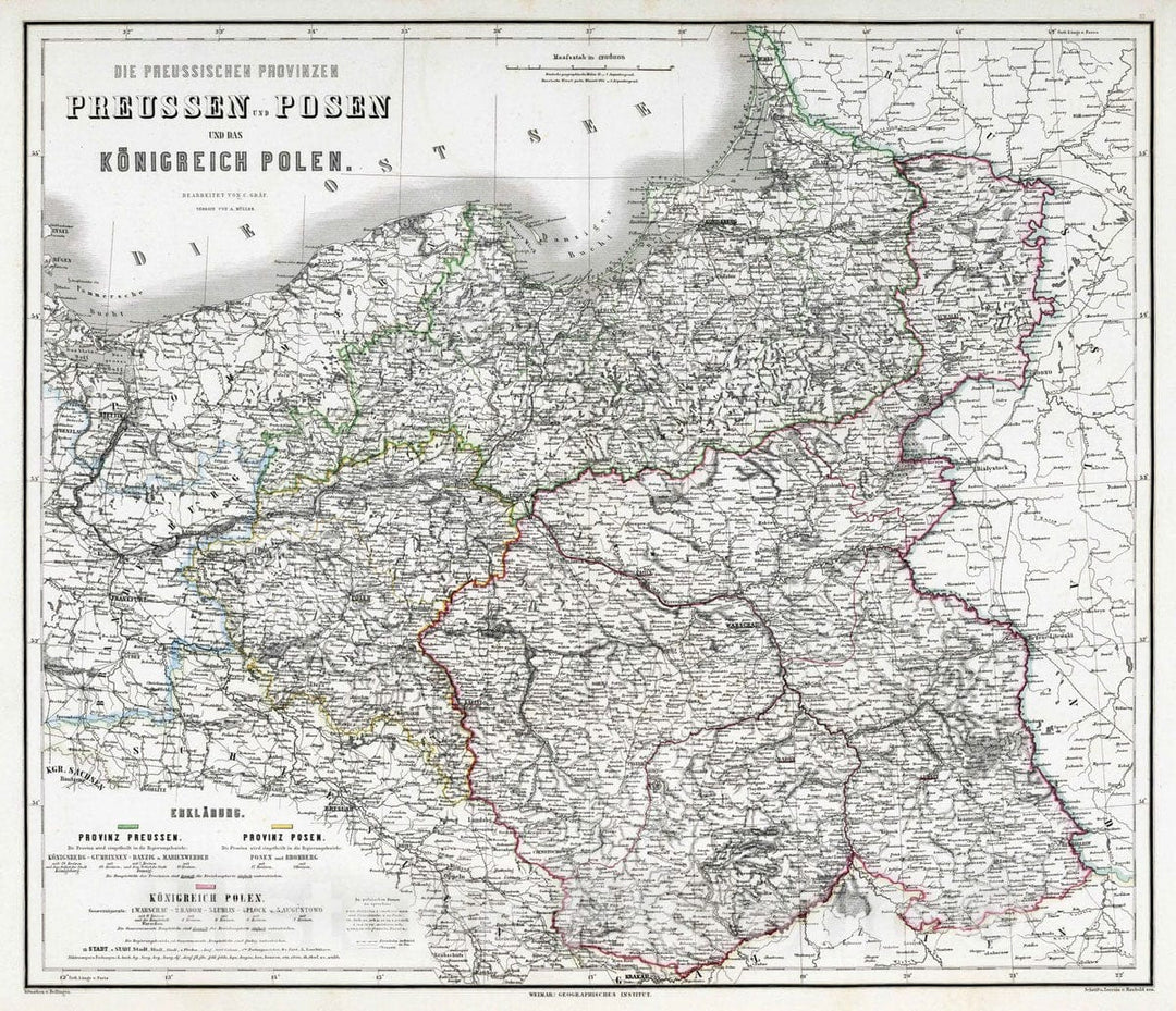 Historic Map : 1875 Prussia and Posen (former provinces), Poland, Belarus, Kaliningrad. - Vintage Wall Art