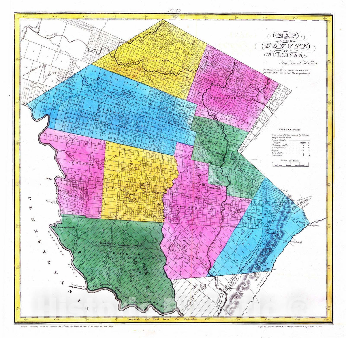 Sullivan County, New York - Physical Map, 1829 - Historical Map Print