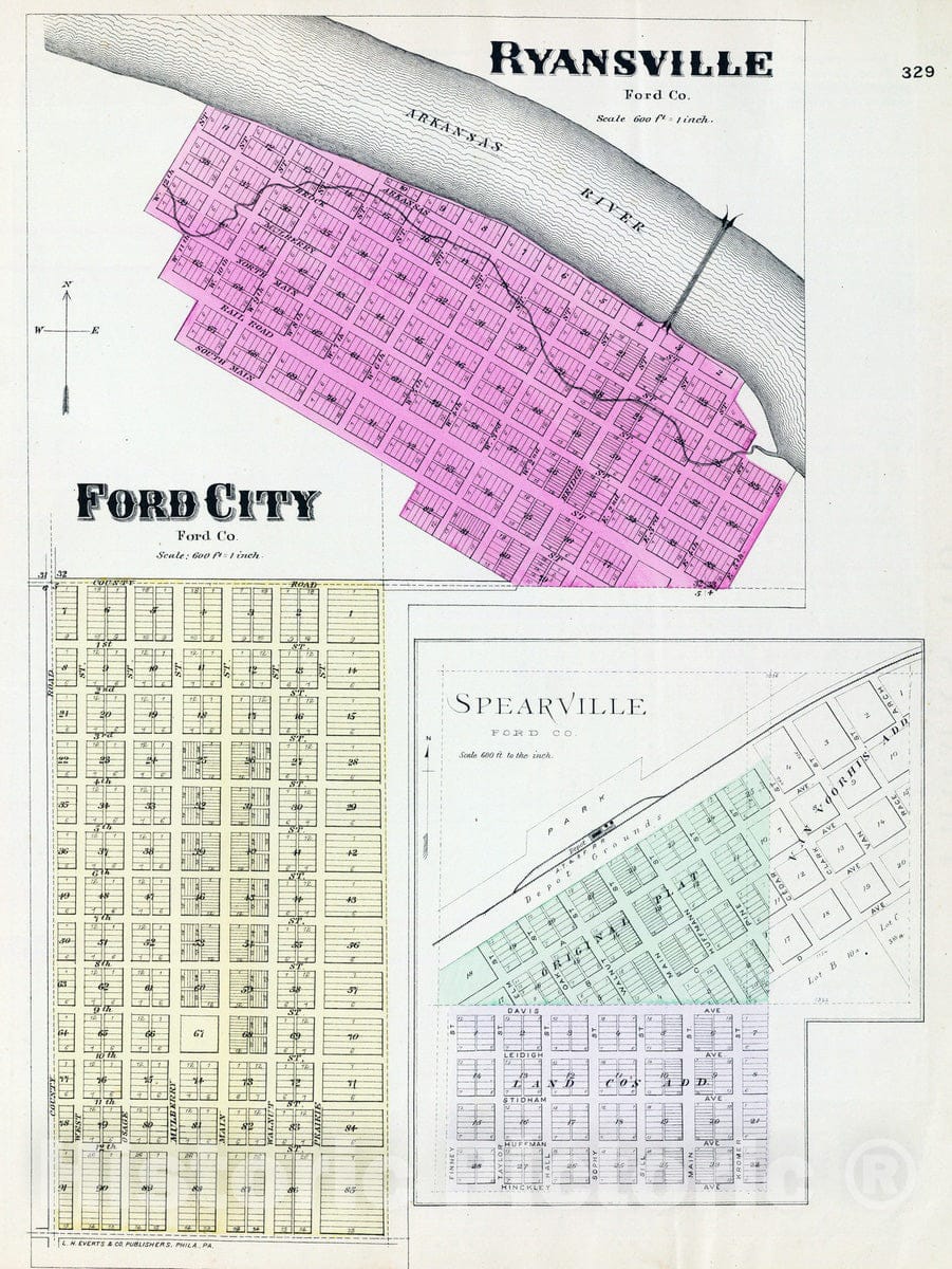 Historic Map : 1887 Ryansville, Ford City, Spearville. - Vintage Wall Art