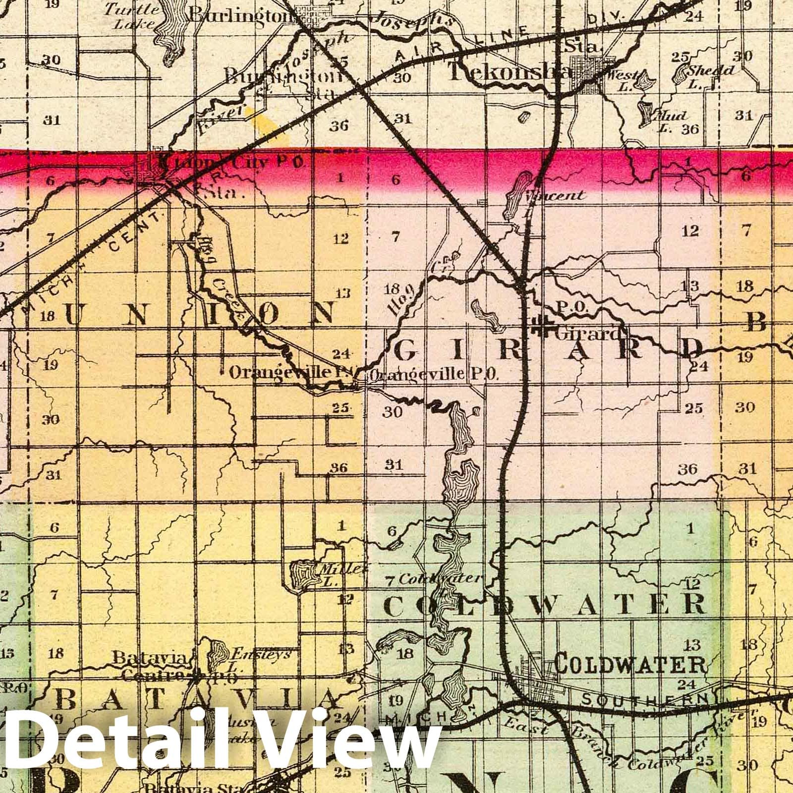 Branch County, Michigan - Railroad Map, 1873 - Historical Map Print