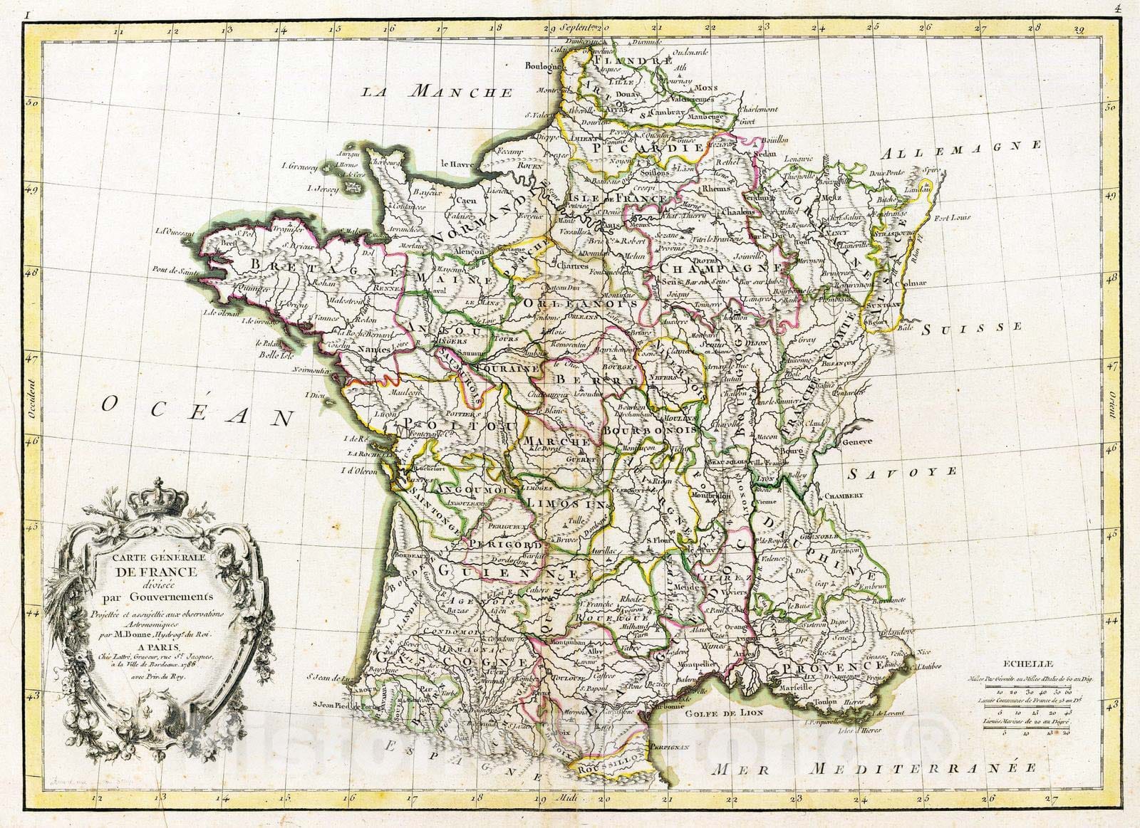 Historic Map : France, 1786 France, carte generale. , Vintage Wall Art