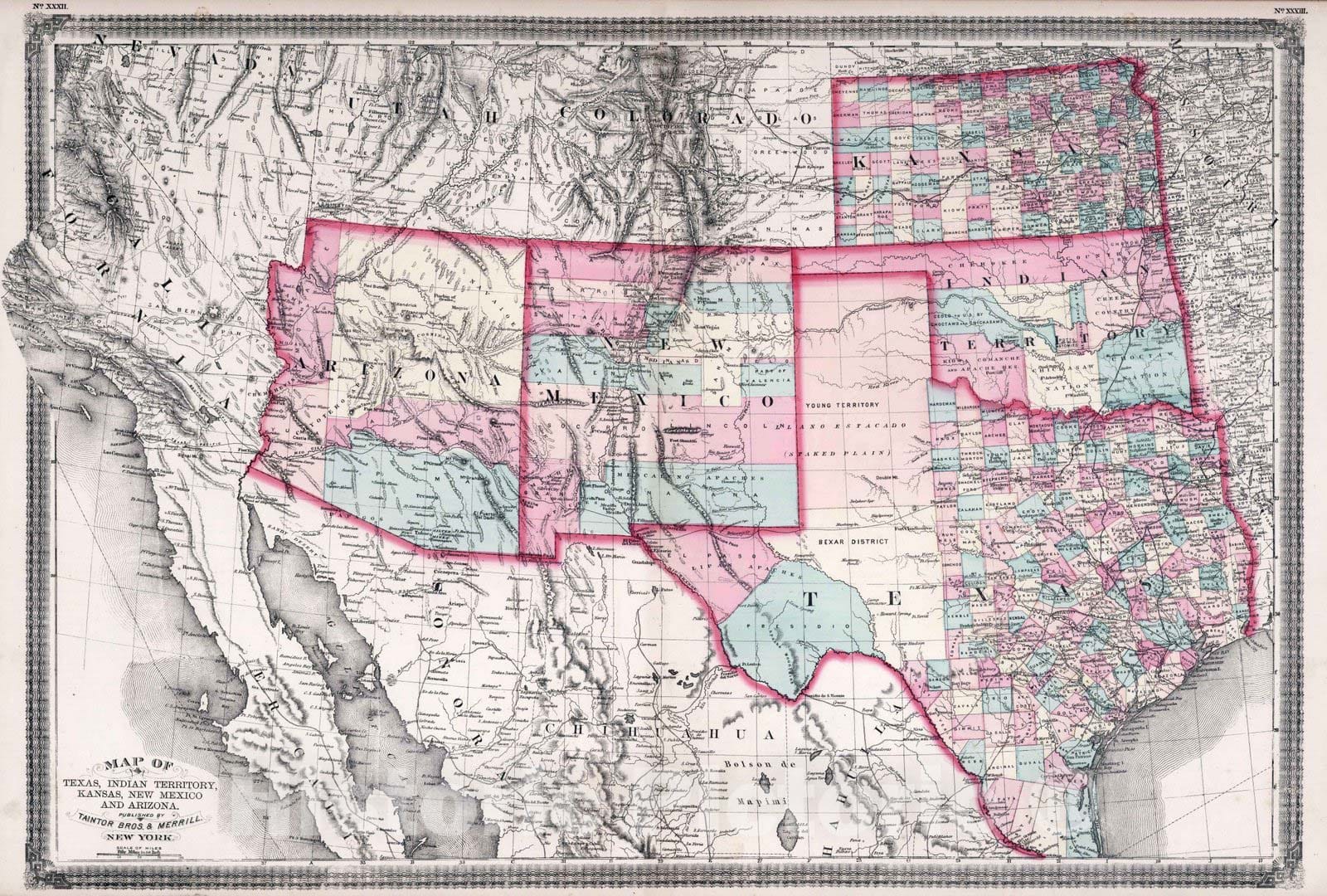 Texas, Indian Territory, Kansas, New Mexico, and Arizona - 1874 Survey Map