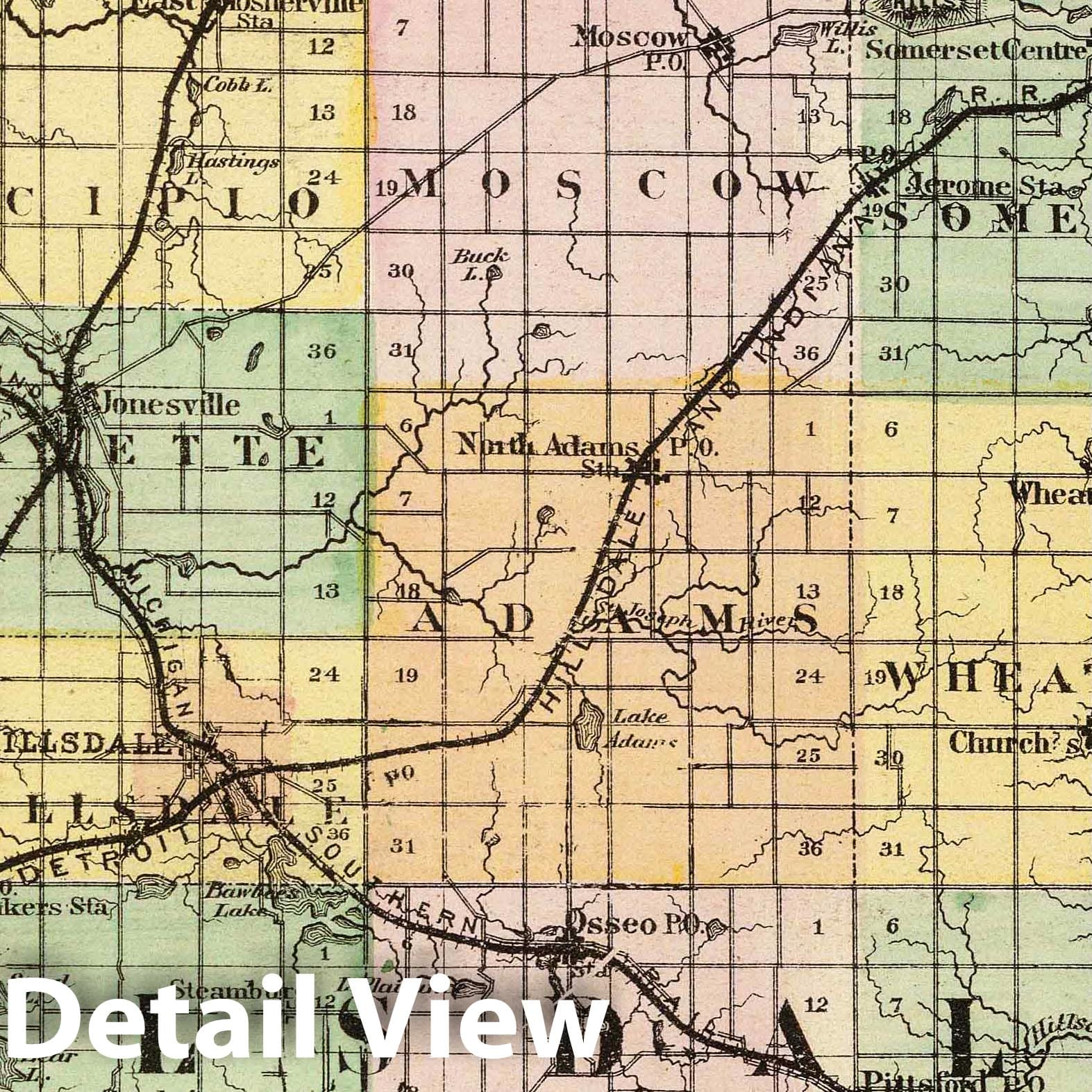 Hillsdale County, Michigan - Railroad Map, 1873 - Historical Map Print