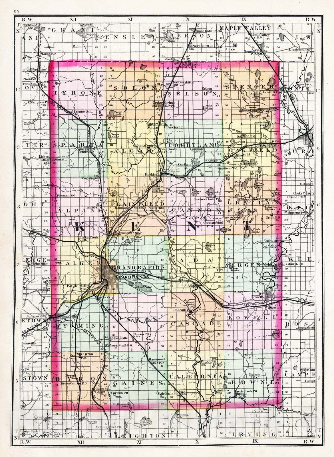 Kent County, Michigan - Railroad Map, 1873 - Historical Map Print