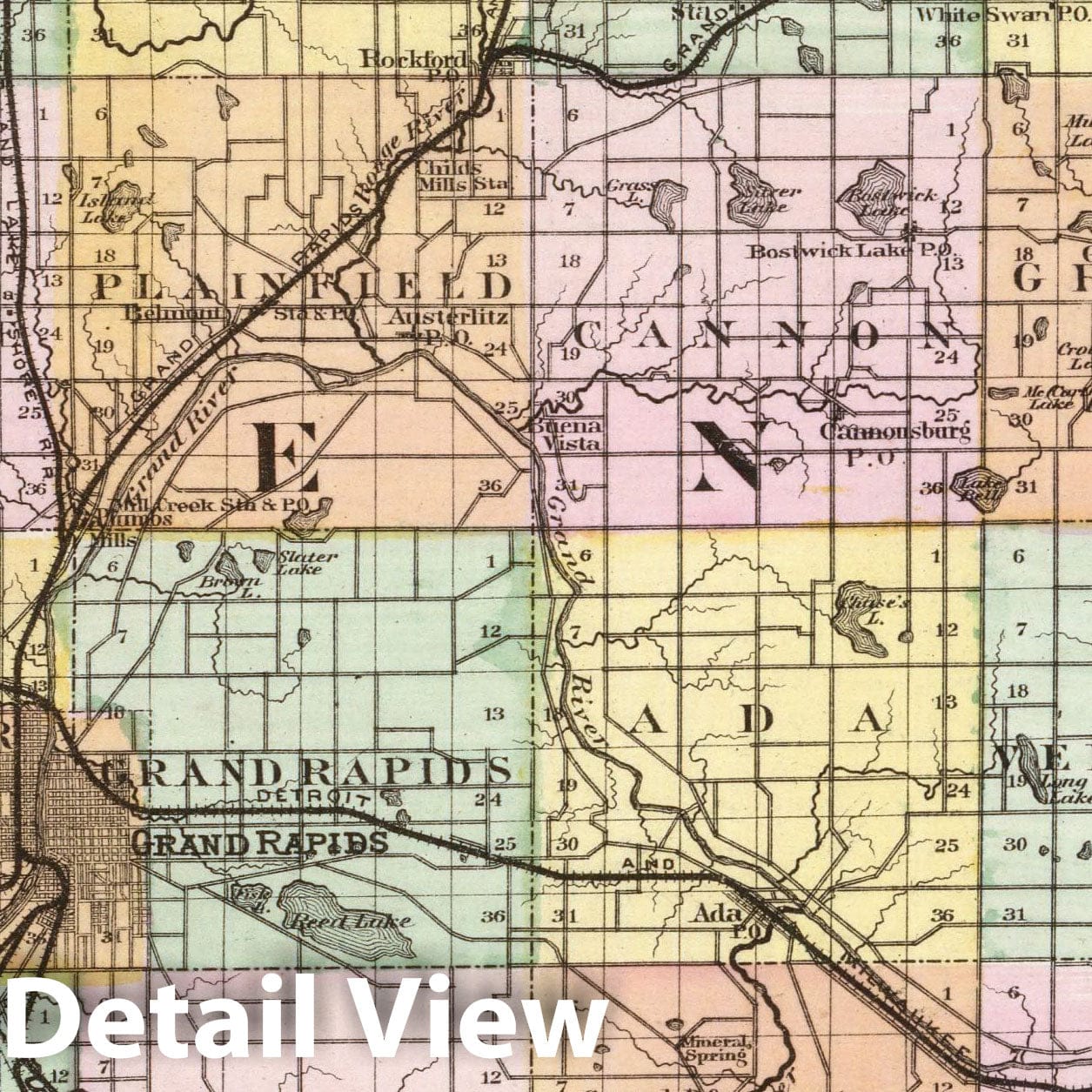 Kent County, Michigan - Railroad Map, 1873 - Historical Map Print