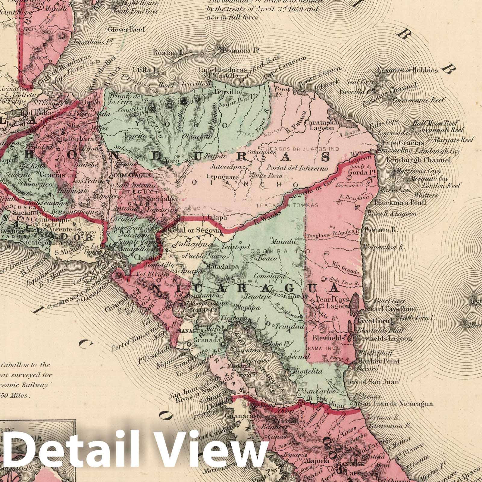 Central America with Panama and Nicaragua - Road Map, 1864 - Historical Map Print