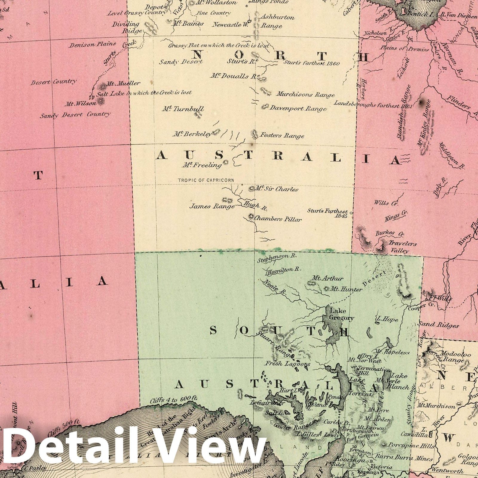 Australia - Physical Map, 1865 - Johnson's Family Atlas Historical Map Print