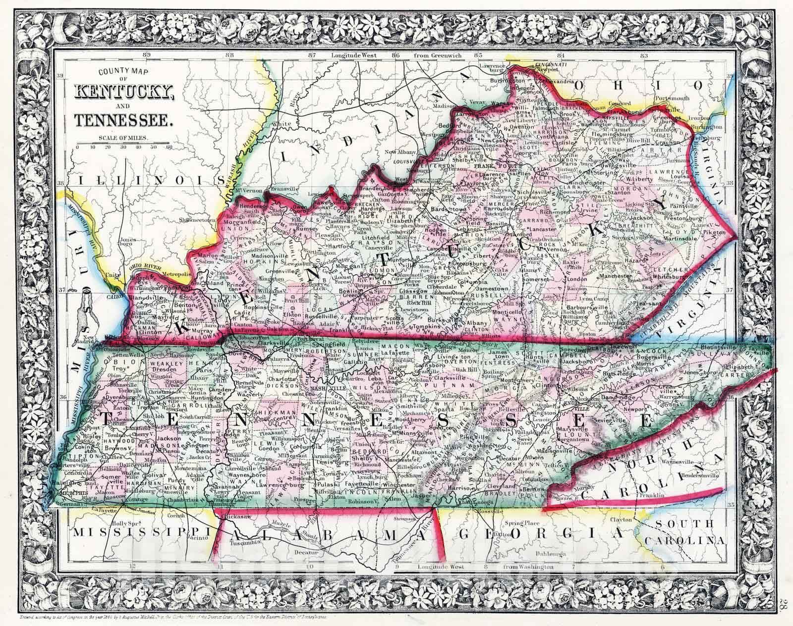 Kentucky and Tennessee, 1865 - Historical County Map Print