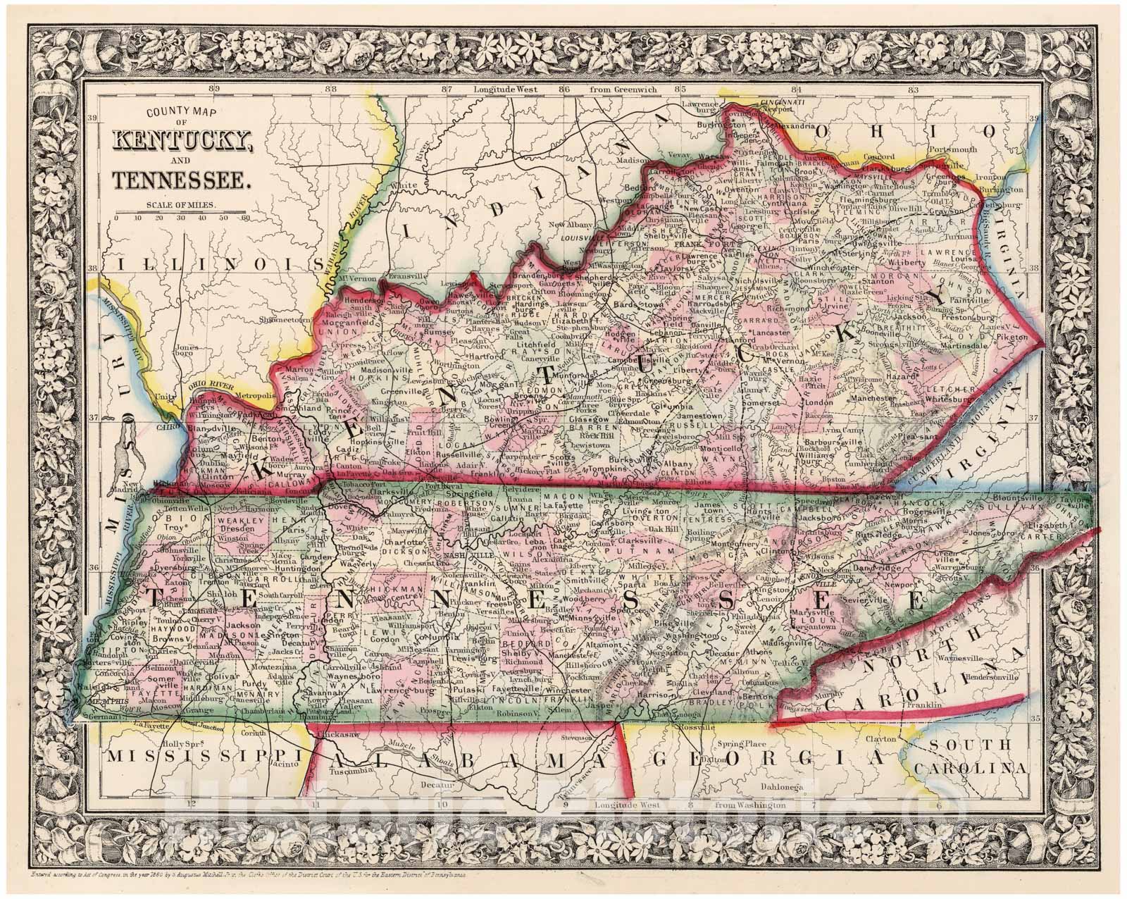 Historic Map - 1865 County map of Kentucky and Tennessee - Vintage Wall Art