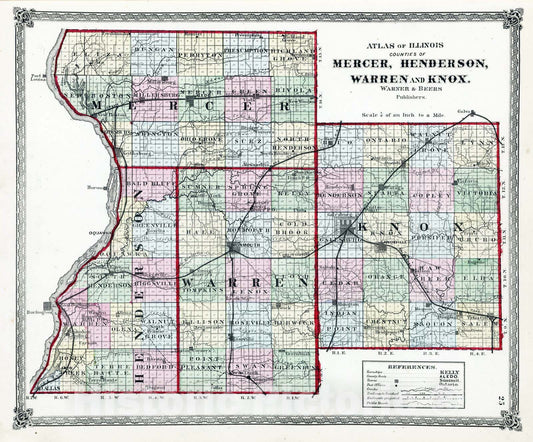 Historic Map : National Atlas - 1872 Atlas of Illinois, Counties of Mercer, Henderson, Warren and Knox. - Vintage Wall Art