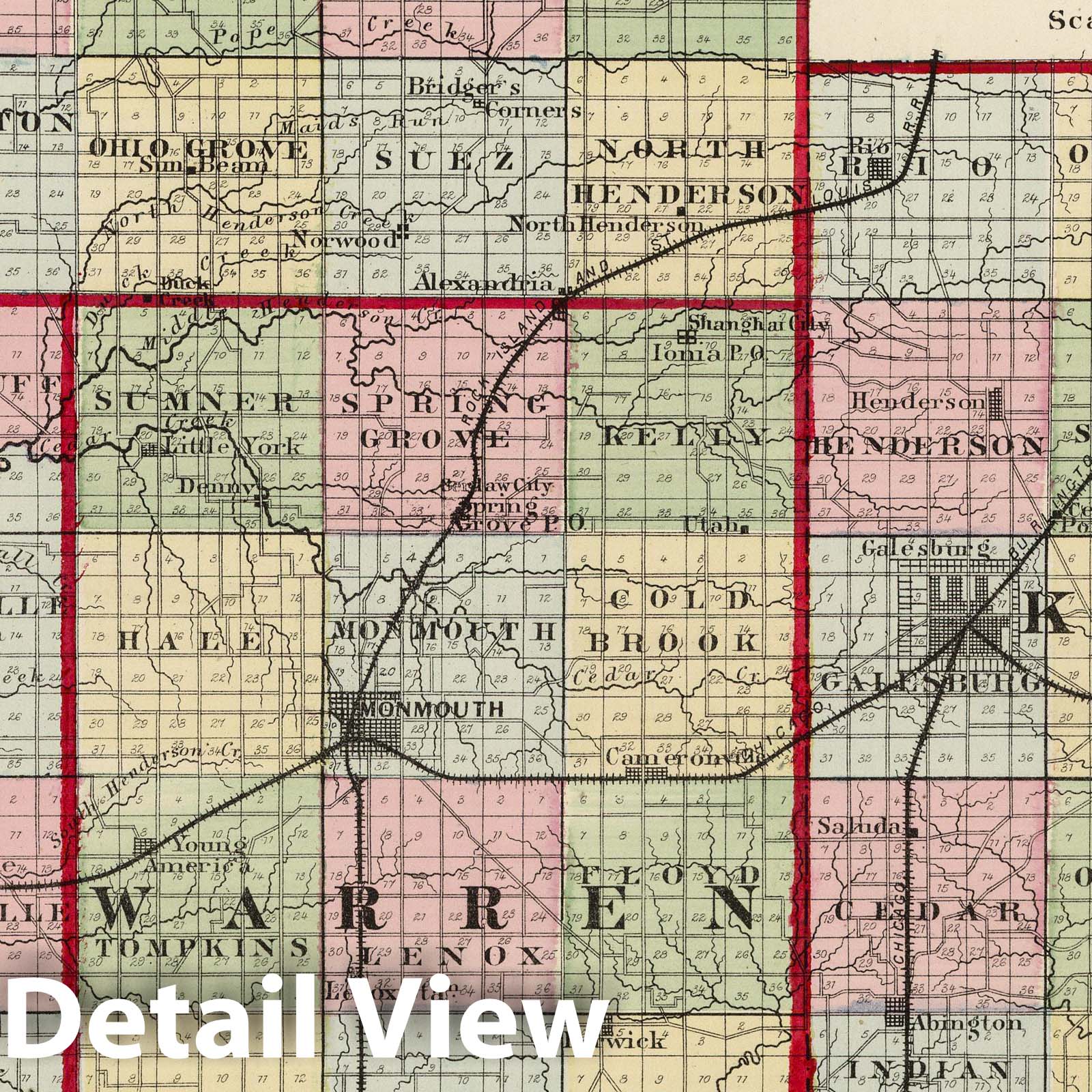 Mercer, Henderson, Warren, and Knox Counties, Illinois 1872 Historical Map Print