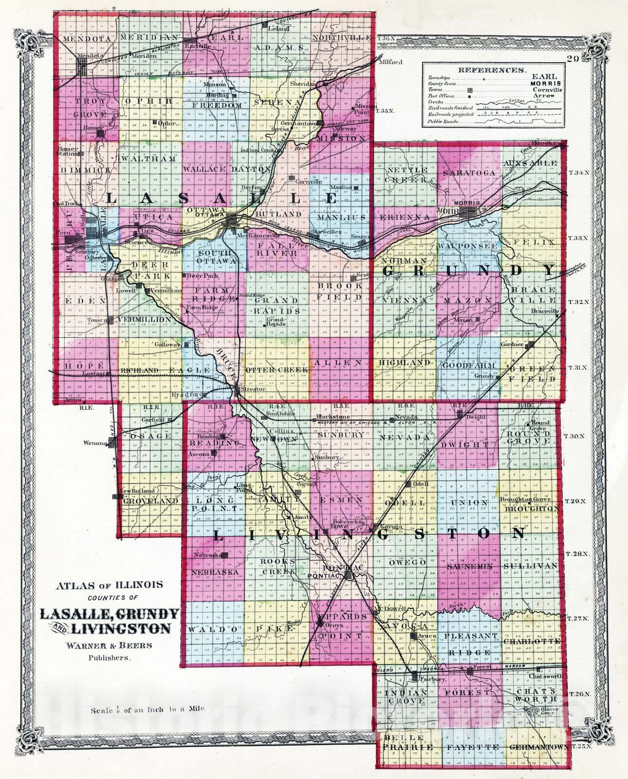 Historic Map : National Atlas - 1872 Atlas of Illinois, Counties of Lasalle, Grundy and Livingston. - Vintage Wall Art