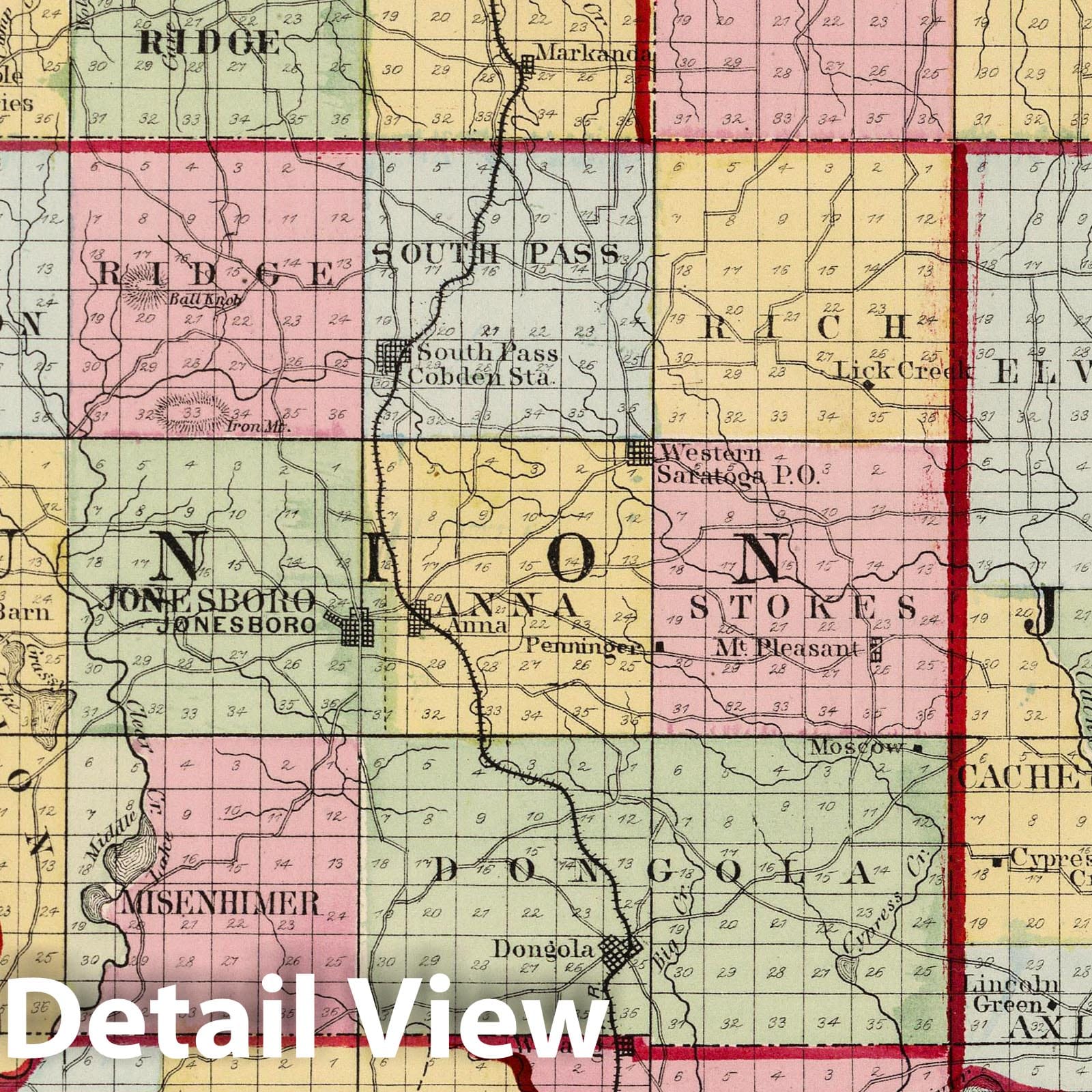 Jackson, Johnson, Union, Williamson, Pulaski, and Alexander Counties, Illinois 1872 Historical Map Print