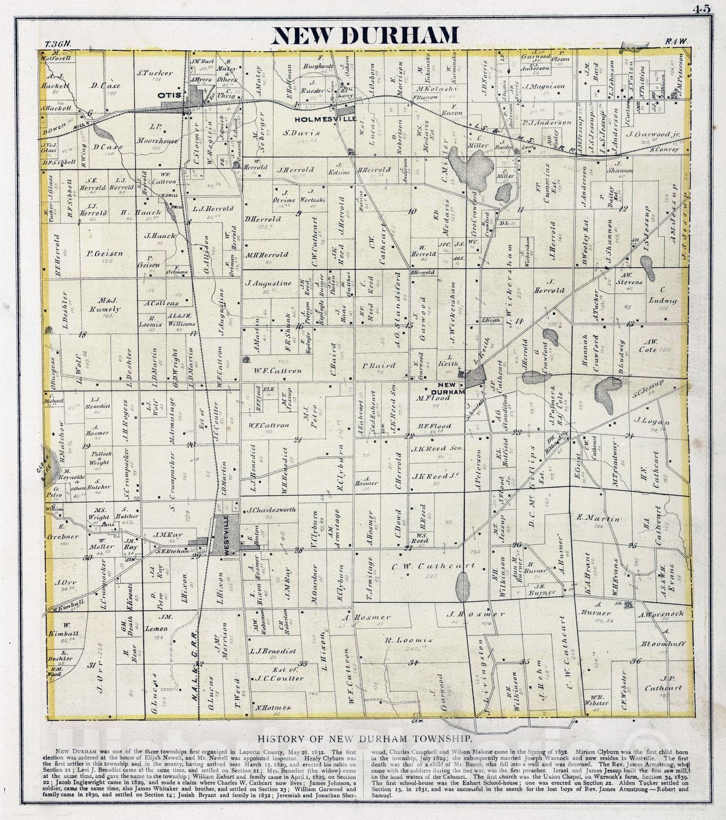 Historic Map : 1874 New Durham Township, Laporte County, Indiana. - Vintage Wall Art