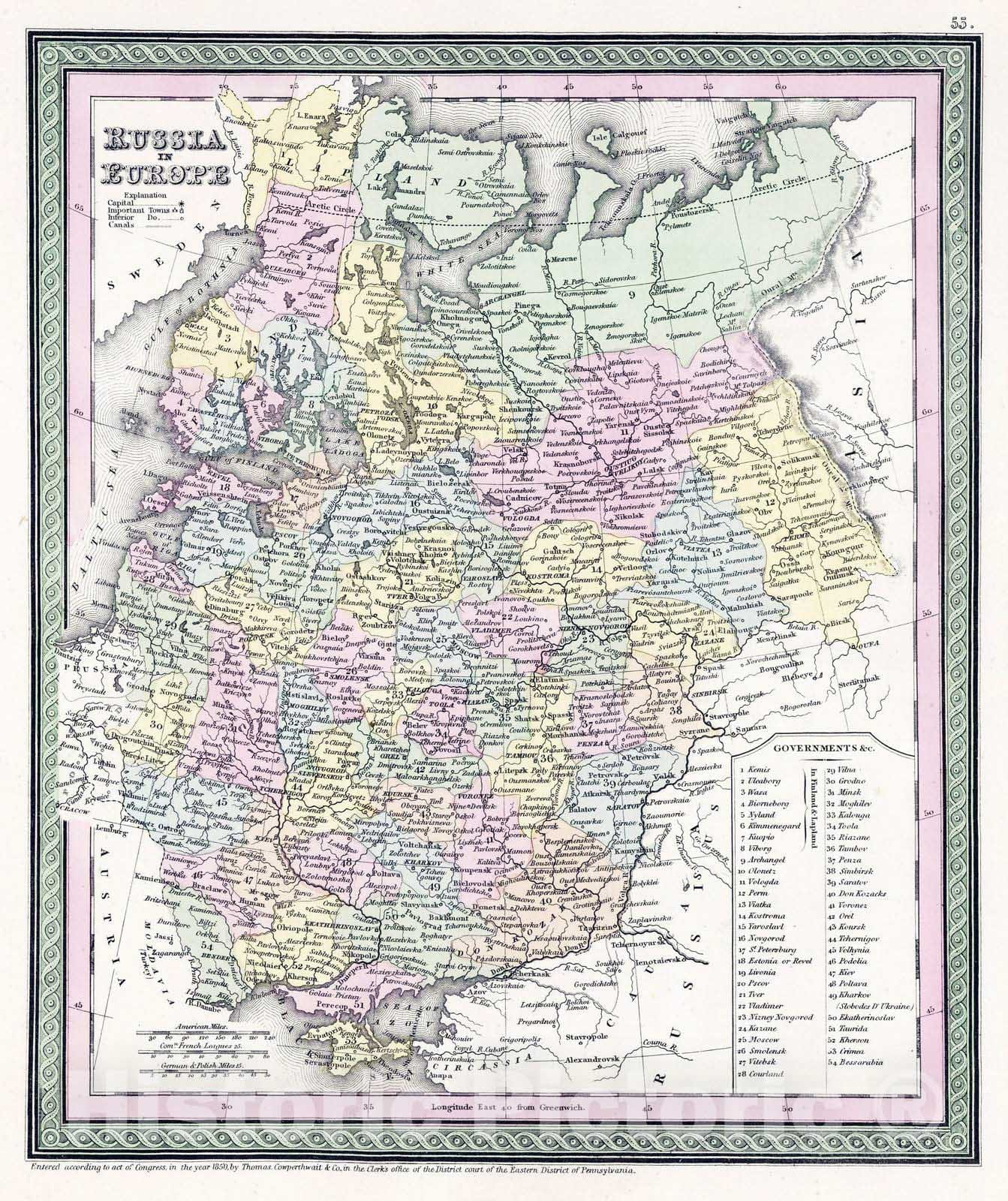 Historic Wall Map : 1853 Russia in Europe - Vintage Wall Art