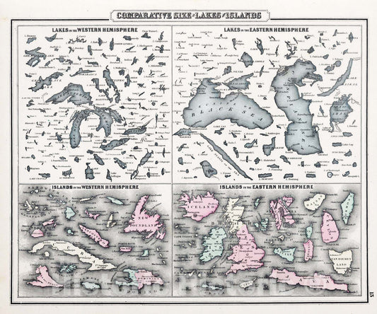 Historic Map : 1878 Comparative Size of Lakes and Islands. - Vintage Wall Art